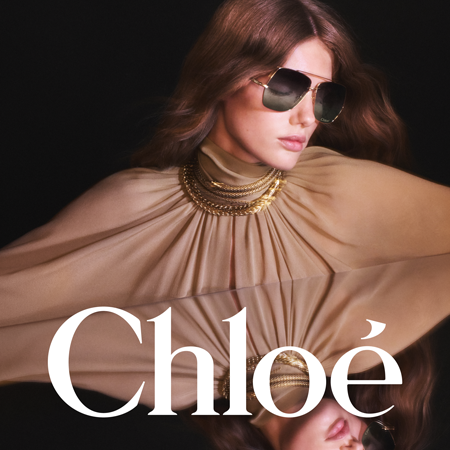 Markenvorstellung Chloé Sonnenbrillen: langhaariges Model trägt eine lockere Bluse und eine Sonnenbrille