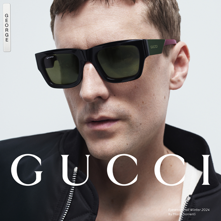 Markenvorstellung Gucci Sonnenbrillen: Model George trägt eine dunkle, eckige Gucci Sonnenbrille 