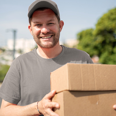 Paketzusteller mit zwei Paketen in der Hand lächelt in die Kamera